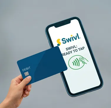 A close-up, lifelike photo of a customer's hand tapping a blue debit card against a smartphone screen displaying the Swivl "Ready to Tap" payment interface.